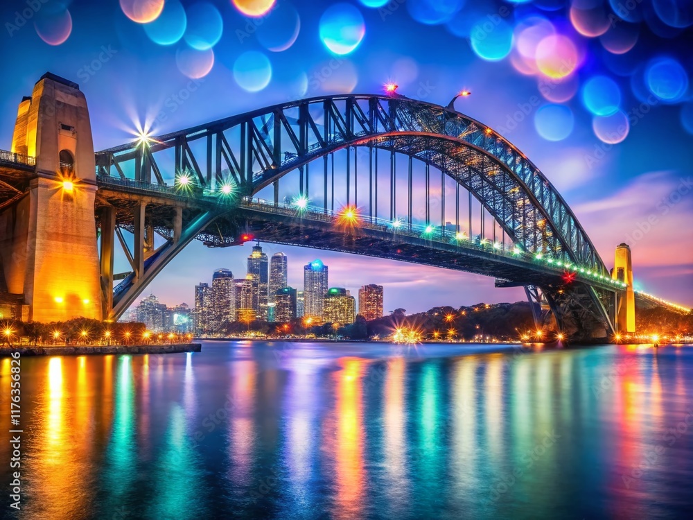 Fototapeta premium Sydney Harbour Bridge Bokeh Lights at Night - Stunning Cityscape