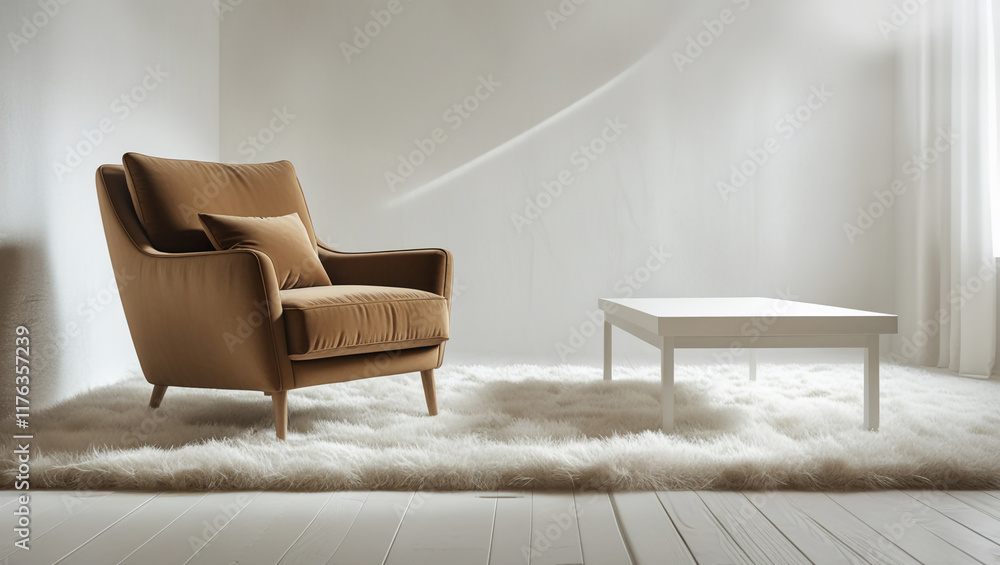 custom made wallpaper toronto digitalAI generative. 3d illustration of minimal design wall mockup with armchair and coffee table with white backdrop. 1