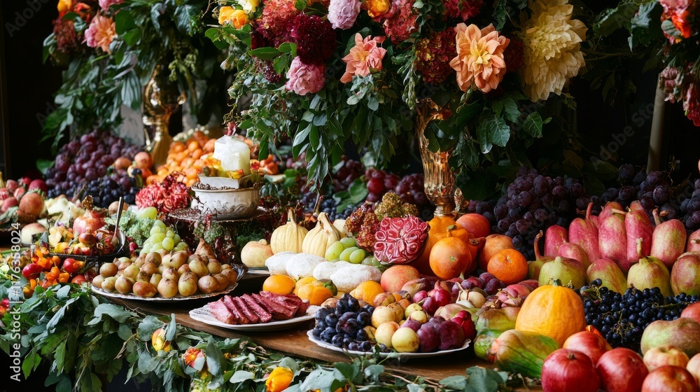 Elegant long dining table set for a festive celebration, featuring a delicious array of food and vibrant floral arrangements, perfect for holiday gatherings, special occasions, and dining event photog Elegant long dining table set for a festive celebration, featuring a delicious array of food and vibrant floral arrangements, perfect for holiday gatherings, special occasions, and dining event photog