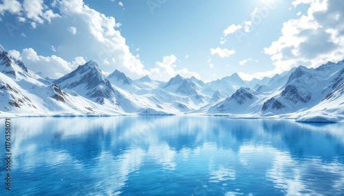 Wallpaper Mural Serene alpine lake reflecting snow-capped mountains under a bright blue sky with fluffy clouds Torontodigital.ca