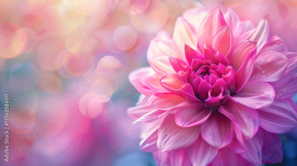 Obraz premium Close-up of a vibrant pink dahlia flower blooming in a soft-focus garden with bokeh background, showcasing intricate petals and natural beauty in bright sunlight.