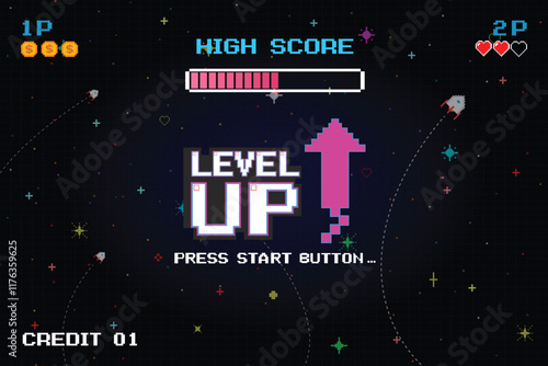 LEVEL UP icon pixel art. 8 bit game. retro game. Retro Futurism Sci-Fi Background. glowing neon grid. and stars from vintage arcade computer games