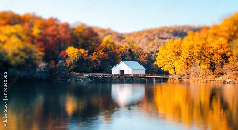 Fototapeta premium Serene Autumn Landscape with White House by Calm Reflections Lake