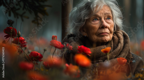 Calm Portrait of an Elderly Person in a Tranquil Garden photo