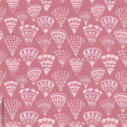 Geometric vector repeat pattern with tonal dusty rose pink hand drawn scallops. Elegant abstract coastal, interior decor background, feminine geo all over backdrop with fan shapes in shades of pink.