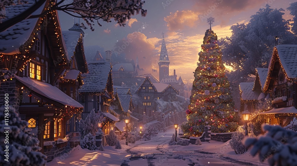 A quiet snow-covered village at dusk A quiet snow-covered village at dusk