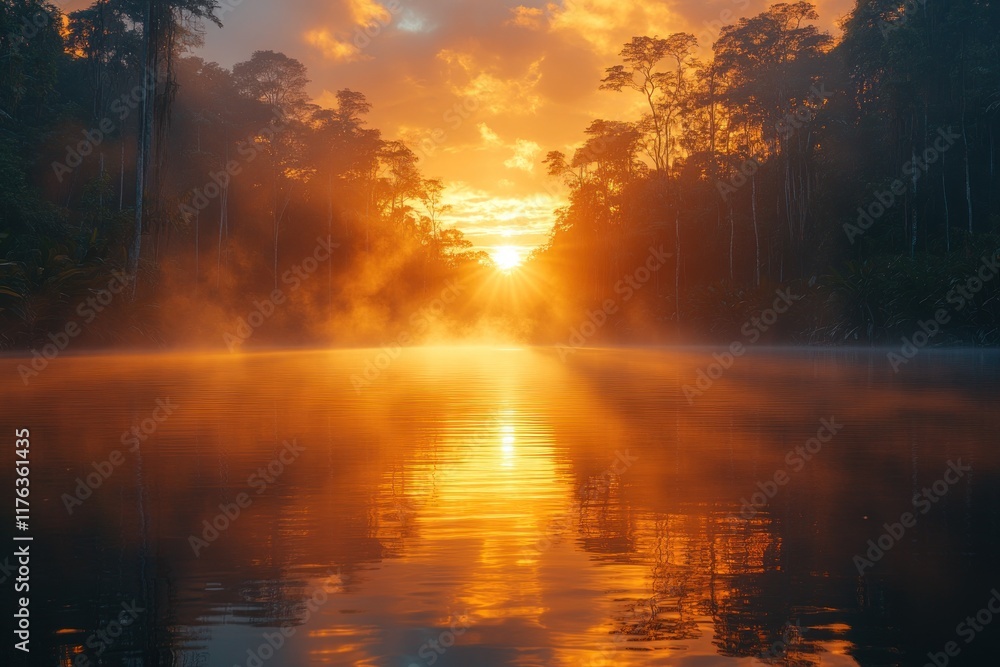 Naklejka premium Golden sunrise over misty jungle river.