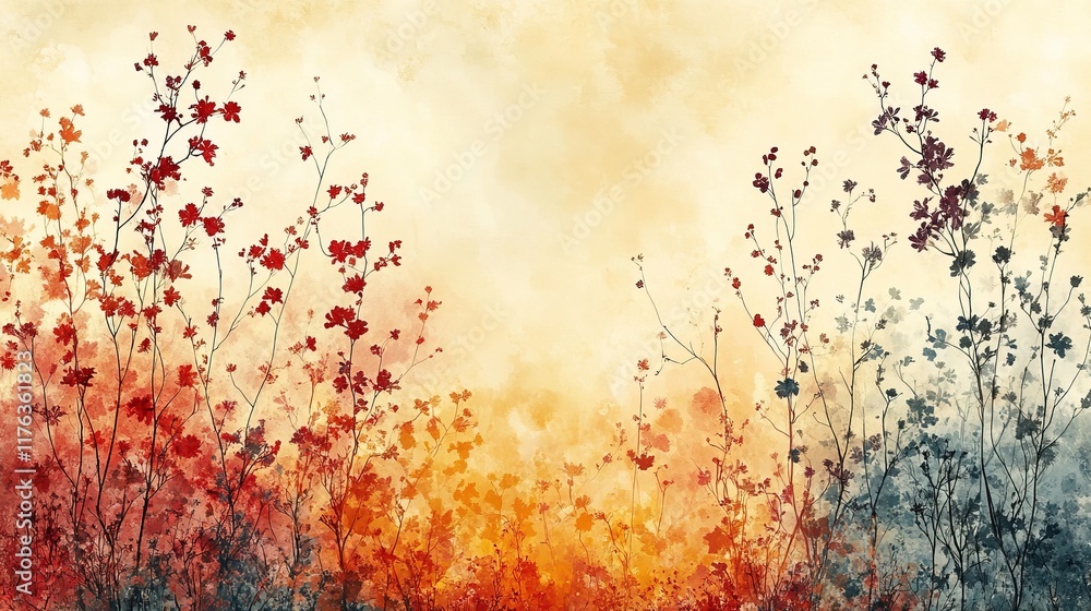 Fototapeta premium A vibrant watercolor illustration of flowers in warm tones, creating a serene and artistic atmosphere.