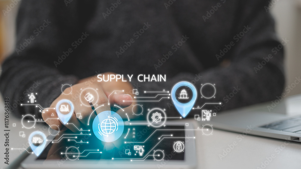Supply Chain Management concept transportation and logistic suppliers, import-export, and transport industry. network distribution growth. container cargo ship and trucks of industrial cargo freight Supply Chain Management concept transportation and logistic suppliers, import-export, and transport industry. network distribution growth. container cargo ship and trucks of industrial cargo freight
