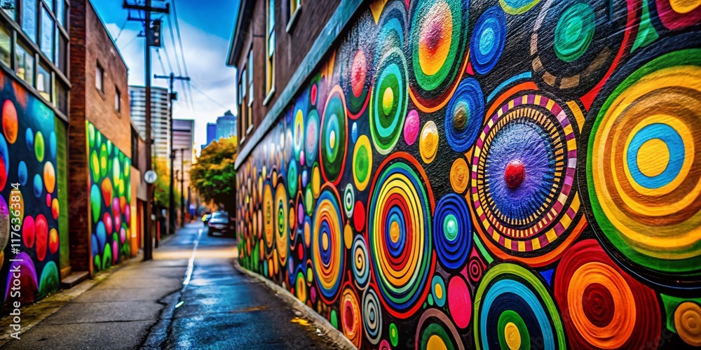 Obraz premium Tilt-Shift Colorful Urban Mural: Circular Design, Bold Lines, Black Wall