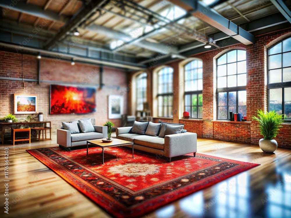 Fototapeta premium Tilt-Shift Industrial Loft Interior: White Framed Art, Red Black White Rug