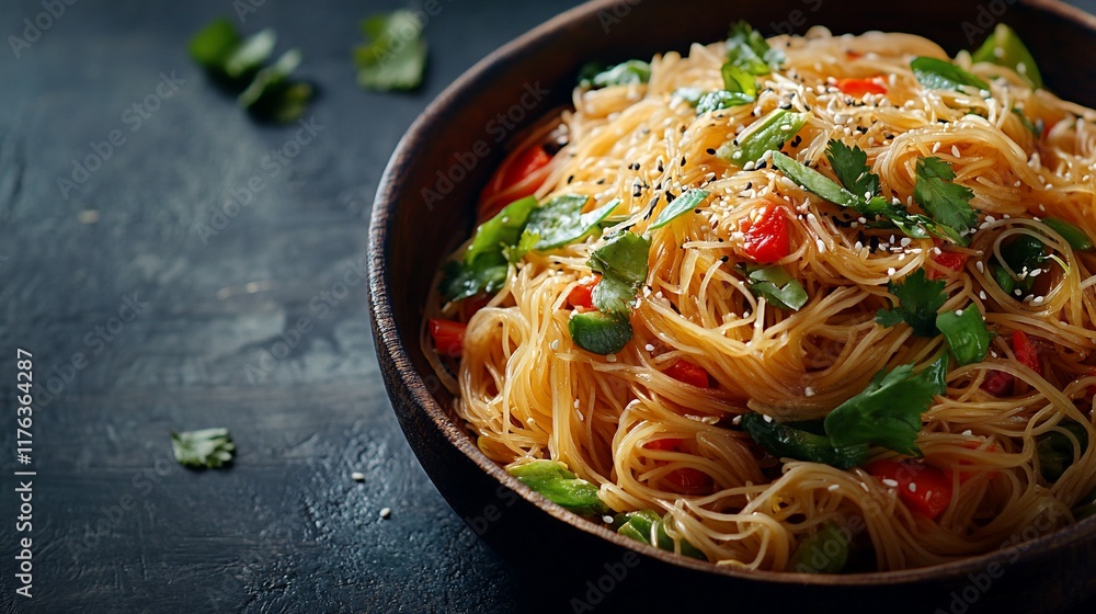 Delicious Asian-style noodles with vegetables in a wooden bowl. Delicious Asian-style noodles with vegetables in a wooden bowl.