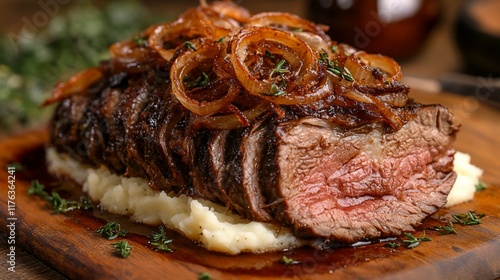 Sliced roast beef with caramelized onions and mashed potatoes.