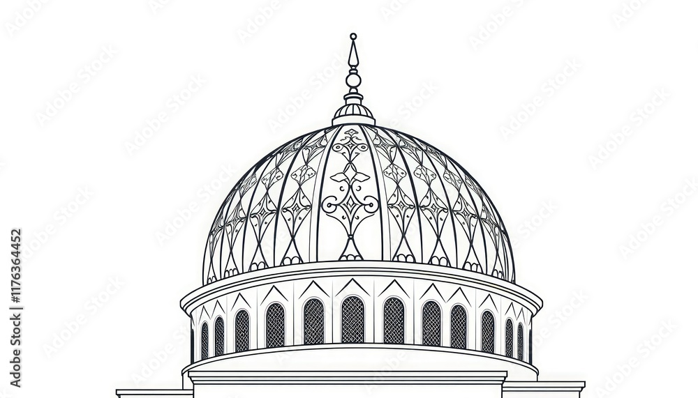 Fototapeta premium Abstract mosque dome with symmetrical ornamental details in a modern monoline style.