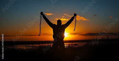 A Protester man breaking chains with a sunrise in the background, symbolizing freedom and dreams coming true. A freedom day concept.
