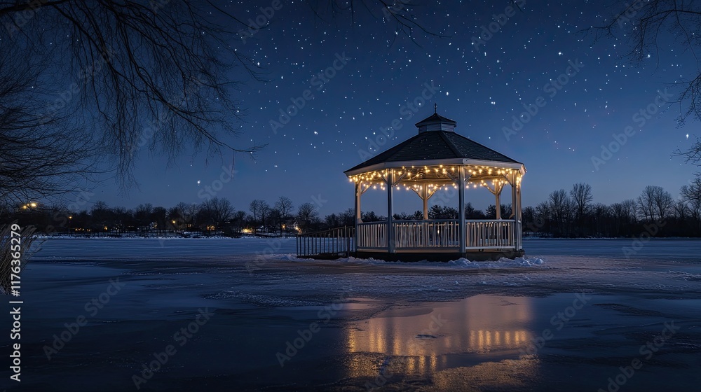 Fototapeta premium A gazebo is lit up at night by lights