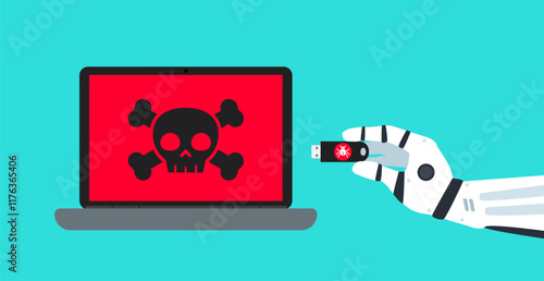 robotic hand use  usb flash driver connect to laptop virus allert danger  data security vector illustration