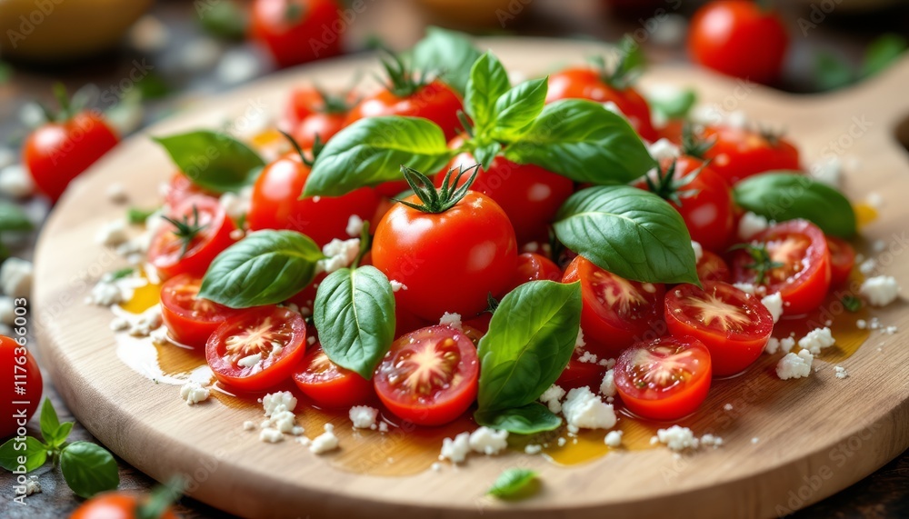 Fresh Cherry Tomato Salad with Basil and Feta on Wooden Serving Board Fresh Cherry Tomato Salad with Basil and Feta on Wooden Serving Board