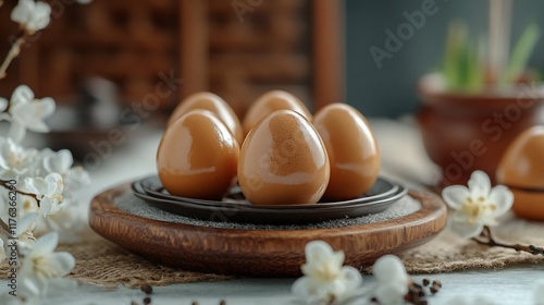 Five brown eggs on a wooden plate with spring blossoms.