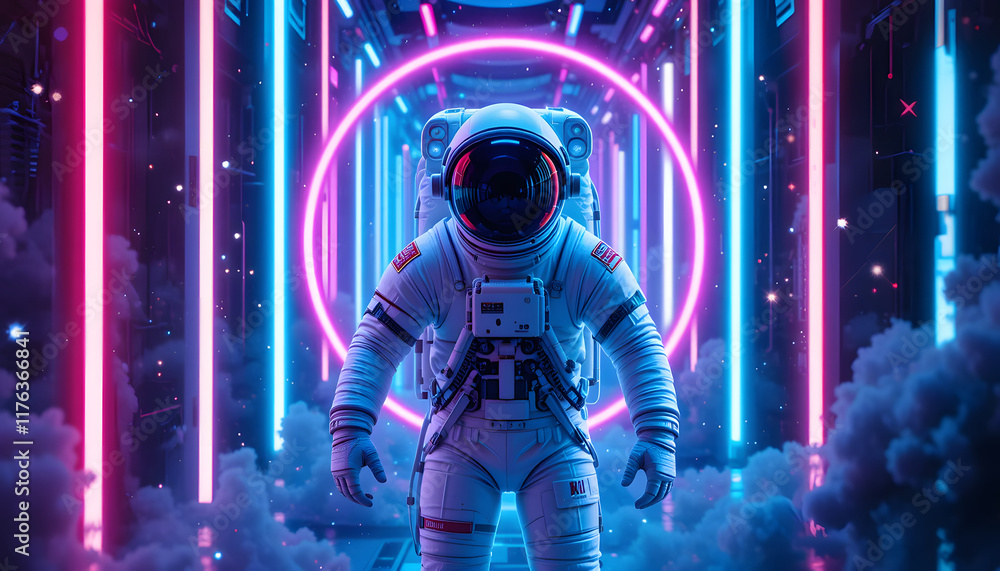 Fototapeta premium Astronaut in Futuristic Neon Space Corridor with Vibrant Pink and Blue Lights