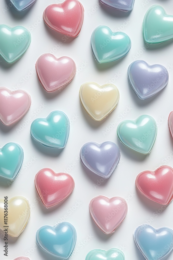 A pattern of pastel-colored, heart-shaped candies on a white background, with soft shadows. The candies are arranged in an artistic layout that suggests love or romance for Valentine's Day A pattern of pastel-colored, heart-shaped candies on a white background, with soft shadows. The candies are arranged in an artistic layout that suggests love or romance for Valentine's Day