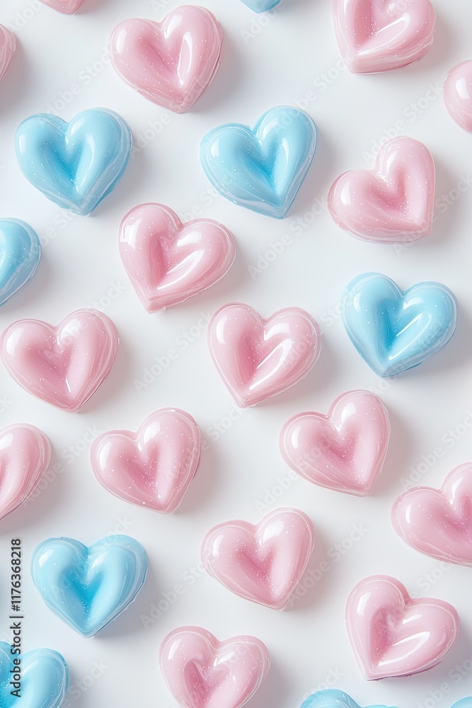 Obraz premium A pattern of pastel-colored, heart-shaped candies on a white background, with soft shadows. The candies are arranged in an artistic layout that suggests love or romance for Valentine's Day
