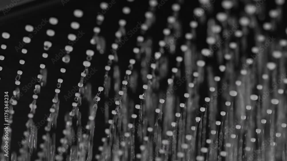 Closeup shot of water falling from shower head.
Closeup shot of water falling from shower head.