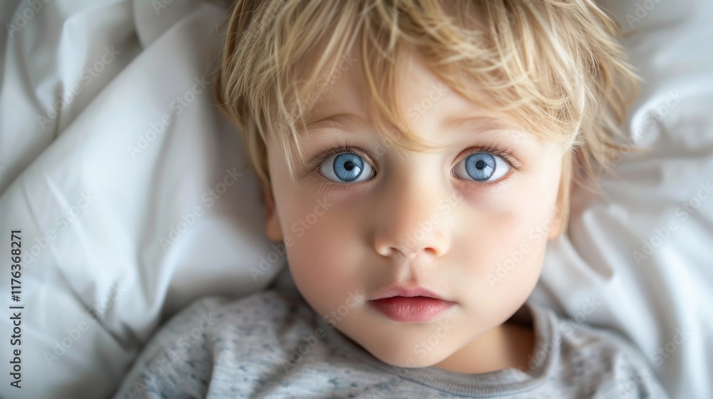 Captivating Portrait of a Young Boy with Striking Blue Eyes Sitting on a Soft White Blanket, Exuding Innocence and Wonder in Natural Light Captivating Portrait of a Young Boy with Striking Blue Eyes Sitting on a Soft White Blanket, Exuding Innocence and Wonder in Natural Light