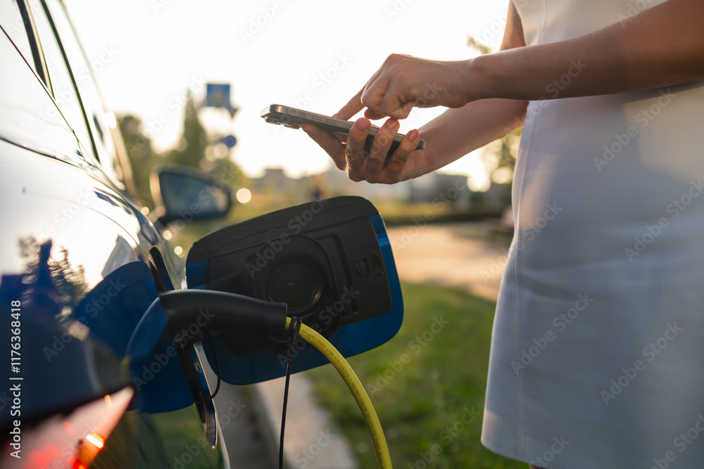 Obraz premium Close up woman hands using a smartphone for payment for charging an electric car 