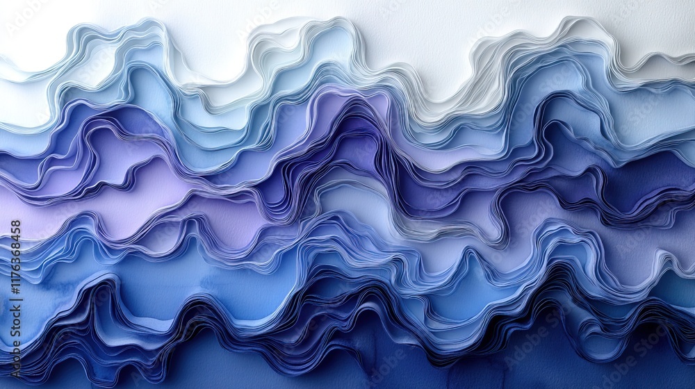 A textured wave of layered paper in shades of blue and purple, creating a soothing visual effect. A textured wave of layered paper in shades of blue and purple, creating a soothing visual effect.