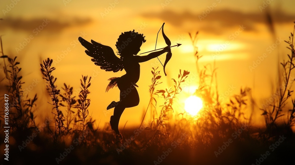A charming silhouette of Cupid with an arrow, framed by a golden-yellow sunset sky, creating a romantic and serene scene A charming silhouette of Cupid with an arrow, framed by a golden-yellow sunset sky, creating a romantic and serene scene