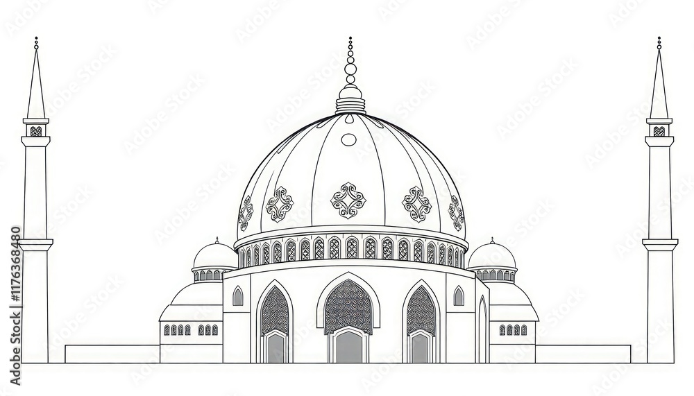 Obraz premium Abstract mosque dome with symmetrical ornamental details in a modern monoline style.