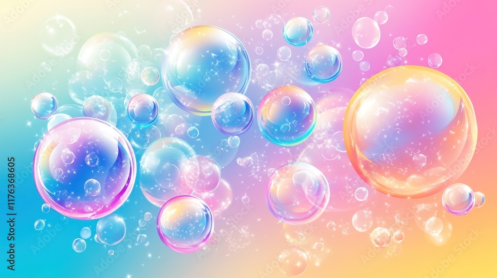 A cheerful design of vibrant soap bubbles floating on a gradient background of pinks, blues, and yellows, perfect for eye-catching posters A cheerful design of vibrant soap bubbles floating on a gradient background of pinks, blues, and yellows, perfect for eye-catching posters