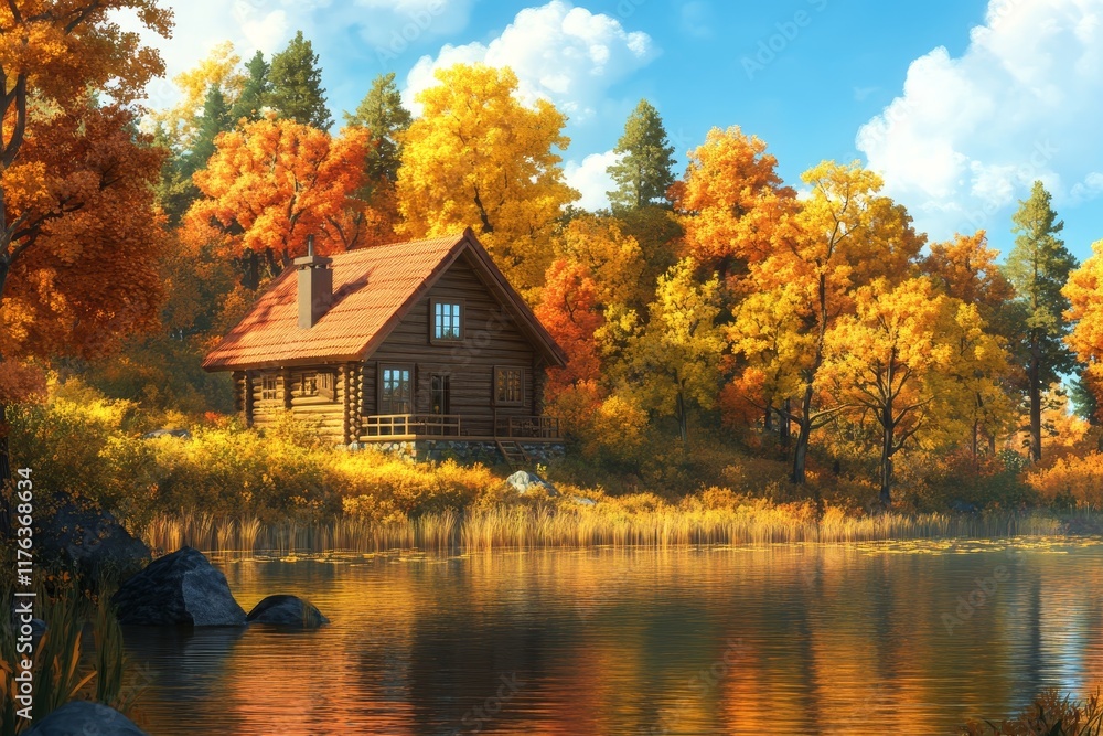 Obraz premium Log cabin by autumn lake, colorful foliage.