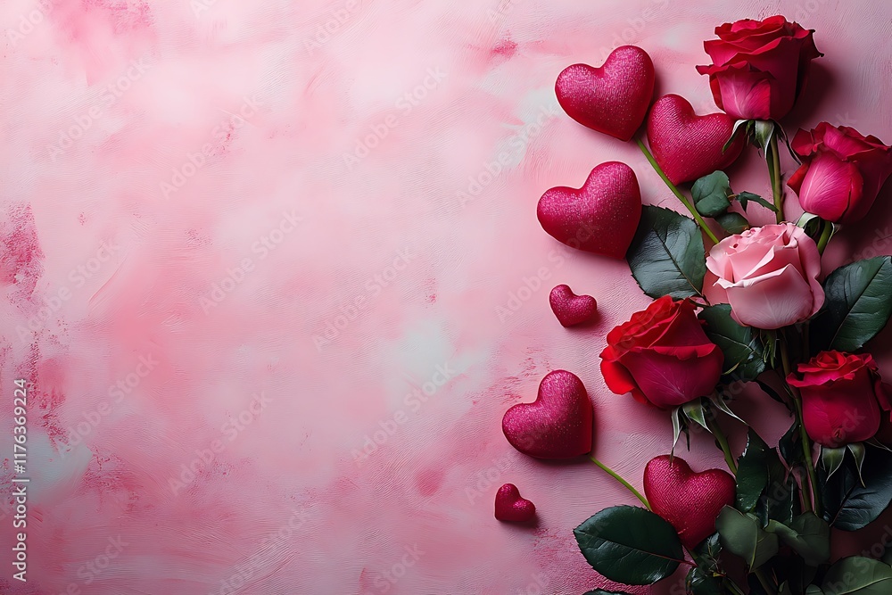 Happy Valentine's Day greeting cards or background with heart and rose on pink background.