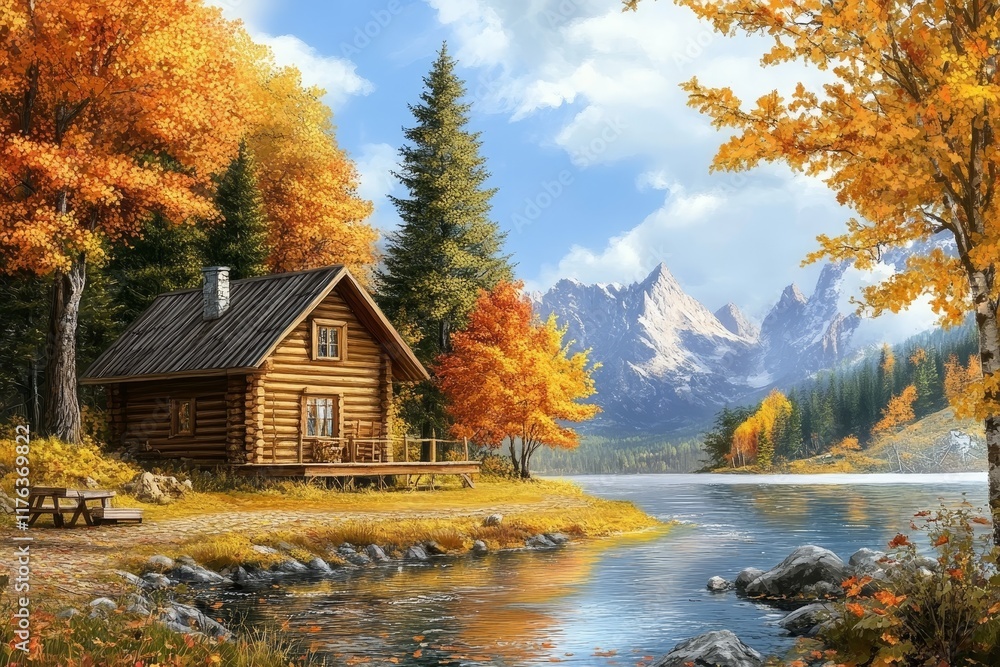 Autumnal log cabin by lake with mountain backdrop. Autumnal log cabin by lake with mountain backdrop.