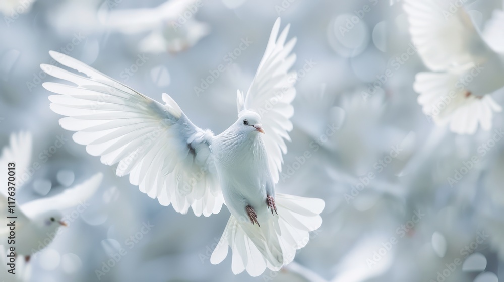Obraz premium Serene Flight of White Doves in Soft Focus, Capturing the Essence of Freedom, Peace, and Tranquility in a Dreamy Atmosphere of Light and Motion