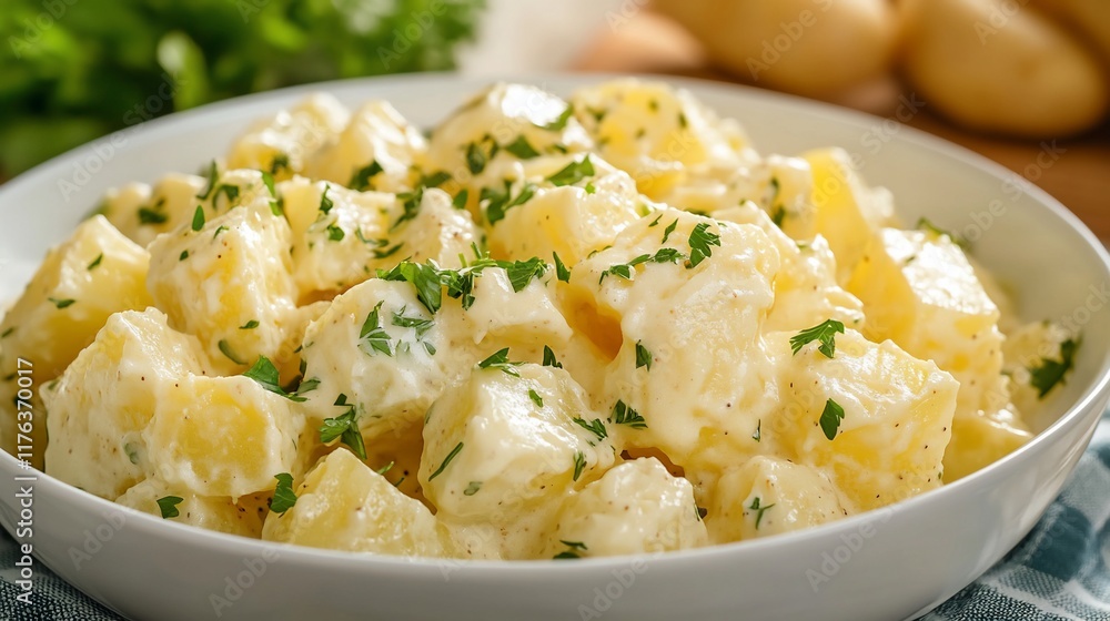 Creamy potato salad in a bowl, garnished with parsley. Creamy potato salad in a bowl, garnished with parsley.
