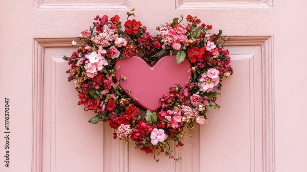 A decorative Valentine heart-shaped wreath, adorned with red and pink flowers, hanging on a pastel pink front door, evoking romance and charm A decorative Valentine heart-shaped wreath, adorned with red and pink flowers, hanging on a pastel pink front door, evoking romance and charm