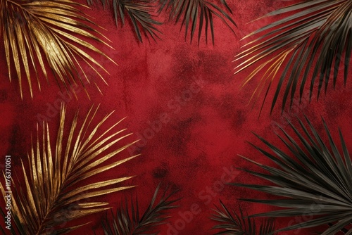 Wallpaper Mural Gold and black palm leaves on red background. Torontodigital.ca