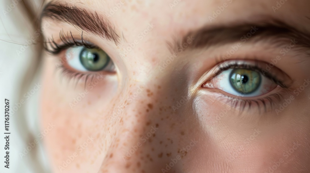 Fototapeta premium Close-Up of Beautiful Young Woman with Freckles and Stunning Green Eyes Captured in Soft Natural Light Against a Bright Background