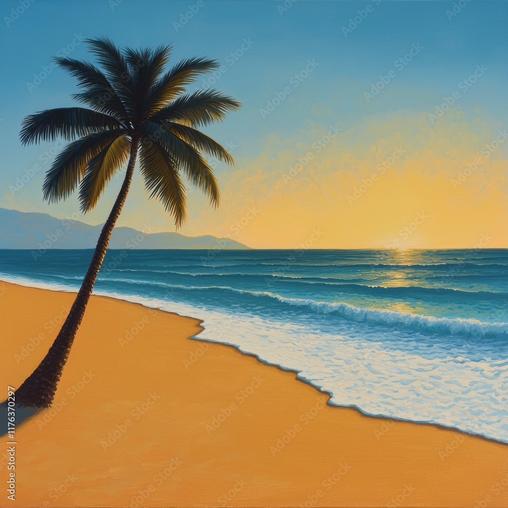 Obraz premium Sunset Beach Landscape with Palm Tree and Gentle Ocean Waves