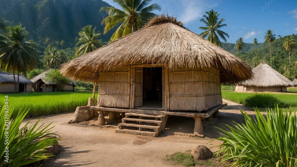 Traditional Palm Thatching: A Charming Rustic Hut in a Rural Village Traditional Palm Thatching: A Charming Rustic Hut in a Rural Village