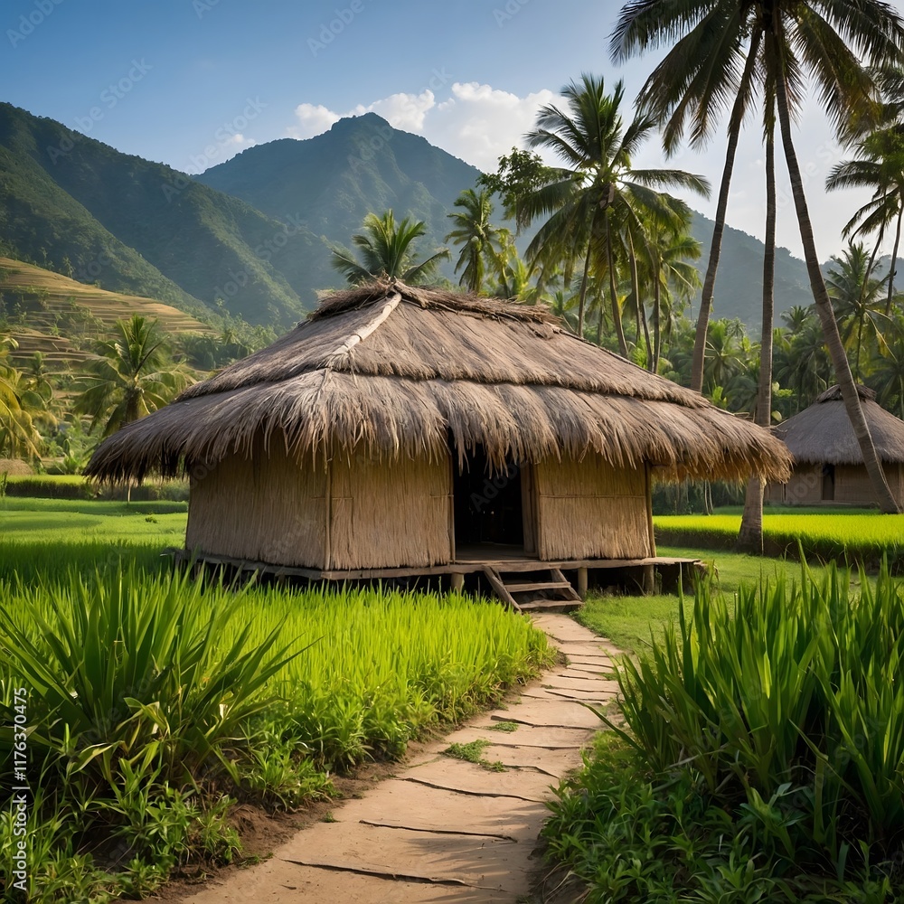 Rustic Village Hut: Traditional Palm Thatched Roof in a Countryside Setting Rustic Village Hut: Traditional Palm Thatched Roof in a Countryside Setting