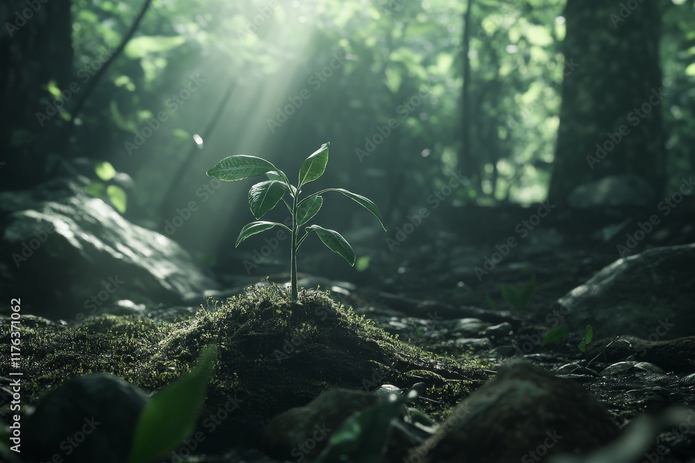 Sunlit sapling emerging from dark forest floor. Sunlit sapling emerging from dark forest floor.