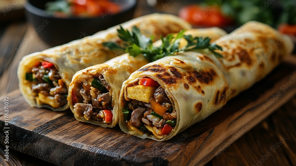 Delicious grilled meat and vegetable wraps on wooden board. Delicious grilled meat and vegetable wraps on wooden board.