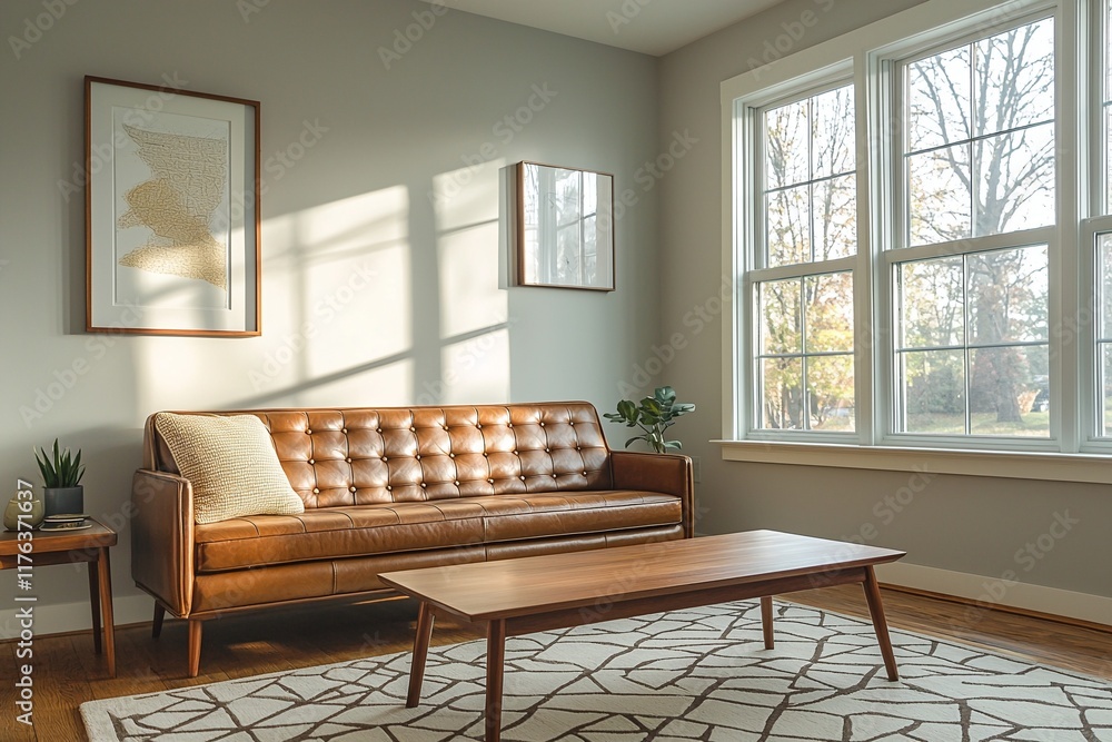 Fototapeta premium Minimalist, Mid century Modern interior design in the living room with brown leather sofa and table. Generative AI 