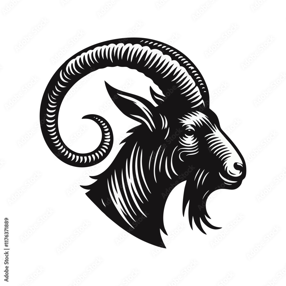 Obraz premium Goat head silhouette. engrave black icon on white background