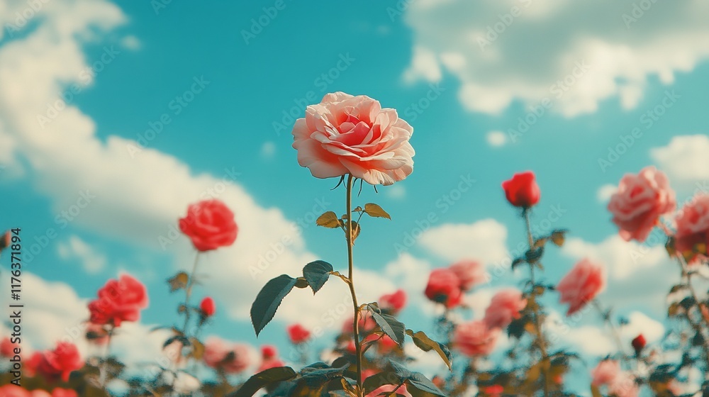 Obraz premium Field of Pink and Red Roses Under Blue Sky, Focus on Single Blooming Flower in Foreground