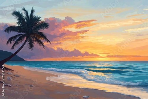 Serene Sunset Over Tropical Beach with Palm Tree and Gentle Waves